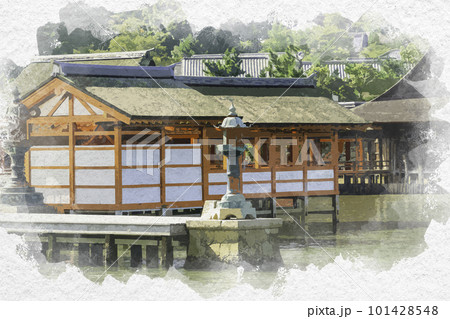 水彩画風 宮島 厳島神社 火焼前 広島県廿日市市 水彩画風 宮島 厳島神社 火焼前 広島県廿日市市 101428548