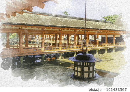 水彩画風　宮島　厳島神社　廻廊　広島県廿日市市 101428567