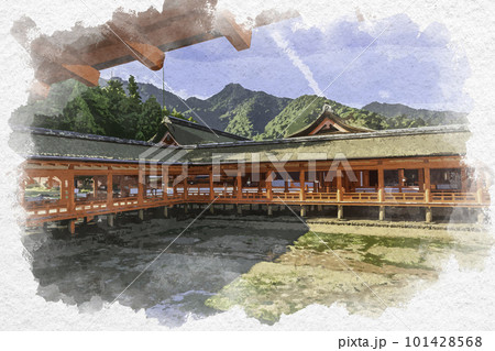 水彩画風　宮島　厳島神社　廻廊　広島県廿日市市 101428568