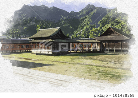 水彩画風 宮島 厳島神社 廻廊 広島県廿日市市 水彩画風 宮島 厳島神社 廻廊 広島県廿日市市 101428569
