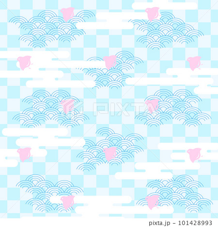市松模様に千鳥と青海波の和柄背景素材 101428993