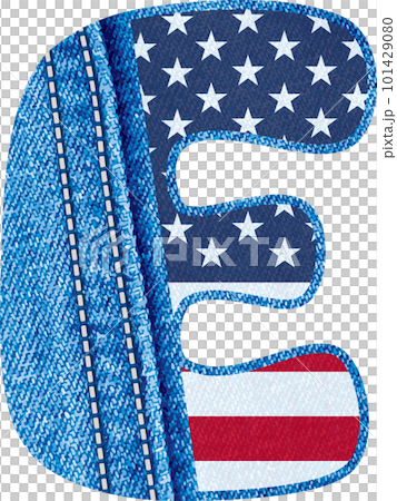 Letter E with the texture of blue denim fabric and US flag - The Monogram E with jean fabric and American flag- jean fabric alphabet A to Z	 101429080
