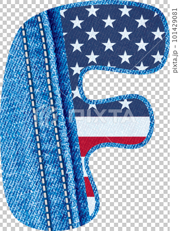 Letter F with the texture of blue denim fabric and US flag - The Monogram F with jean fabric and American flag- jean fabric alphabet A to Z	 101429081