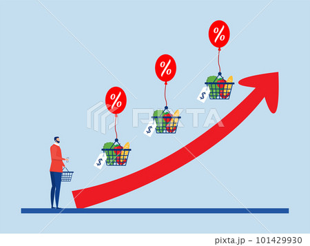 goods Inflation, businessman analysis with Rising food price crisis,Prices of commodities and consumer goods rose due to rising inflation concept. vector illustration goods Inflation, businessman analysis with Rising food price crisis,Prices of commodities and consumer goods rose due to rising inflation concept. vector illustration 101429930