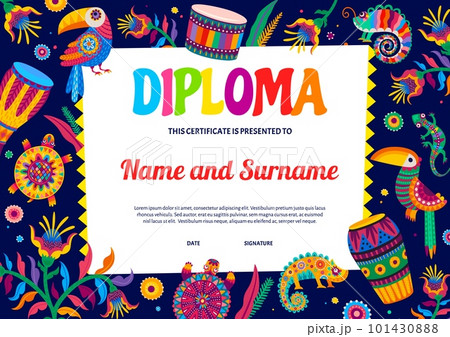 Kids diploma, Brazilian toucans and parrots, Mexican chameleons and turtles, vector education certificate. Colorful Latin flowers and birds on school diploma award or kindergarten workshop certificate 101430888