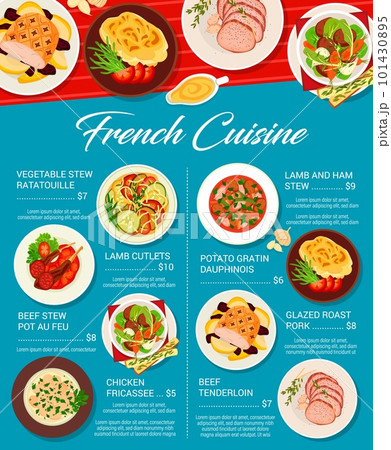 French cuisine food menu page. Glazed roast pork, beef tenderloin and potato gratin Dauphinois, beef stew Pot au Feu and vegetable stew ratatouille, lamb and ham stew, lamb cutlets, chicken fricassee 101430895