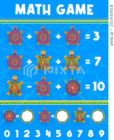 Math game worksheet mexican turtles on water. Vector mathematics test for kids with reptiles in folk style of Mexico. How many turtles riddle for children education and learning arithmetic puzzle task Math game worksheet mexican turtles on water. Vector mathematics test for kids with reptiles in folk style of Mexico. How many turtles riddle for children education and learning arithmetic puzzle task 101430918