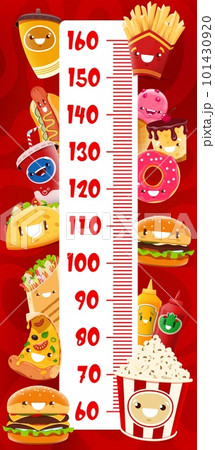 Kids height chart, cartoon cheerful takeaway fast food characters, vector growth meter. Pizza, cheeseburger and donut with popcorn and funny hot dog on baby tall measure ruler or height chart Kids height chart, cartoon cheerful takeaway fast food characters, vector growth meter. Pizza, cheeseburger and donut with popcorn and funny hot dog on baby tall measure ruler or height chart 101430920