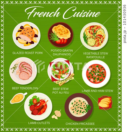French cuisine menu page template. Glazed roast pork, lamb cutlets, lamb and ham stew, chicken fricassee, potato gratin Dauphinois and beef stew Pot au Feu, vegetable stew ratatouille, beef tenderloin 101430936