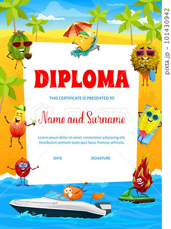 Vertical kids diploma cartoon fruits characters on summer beach. Vector educational school certificate with feijoa, durian, melon, carambola and dragon fruit, mandarin, lychee and papaya personages Vertical kids diploma cartoon fruits characters on summer beach. Vector educational school certificate with feijoa, durian, melon, carambola and dragon fruit, mandarin, lychee and papaya personages 101430942