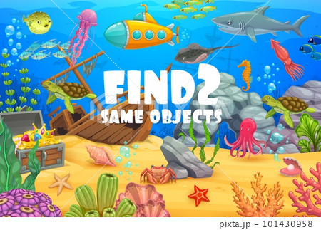 Cartoon underwater landscape and animals. Find two same objects game. Kids vector riddle worksheet with puffer or jelly fish, shark, submarine and stingray. sea horse, octopus or squid and turtle 101430958