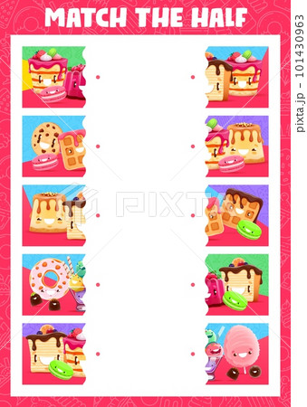 Match the half of cartoon sweets, ice cream and dessert characters. Vector game worksheet with cake, macaroon, jelly pudding and pie. Waffle, chocolate cookie, donut and candy cotton kawaii personages Match the half of cartoon sweets, ice cream and dessert characters. Vector game worksheet with cake, macaroon, jelly pudding and pie. Waffle, chocolate cookie, donut and candy cotton kawaii personages 101430963