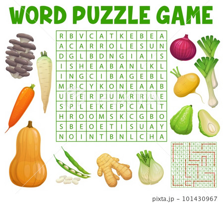 Mushrooms and farm raw vegetables on word search puzzle game worksheet. Child quiz grid, cartoon vector educational game or kindergarten children intelligence test with words in letters find task 101430967