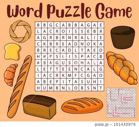 Bread and bakery food. Word search puzzle game worksheet. Kids quiz grid, educational riddle or playing activity vector page with blackbread, croissant and bagel, baguette, loaf and hallah bread Bread and bakery food. Word search puzzle game worksheet. Kids quiz grid, educational riddle or playing activity vector page with blackbread, croissant and bagel, baguette, loaf and hallah bread 101430979
