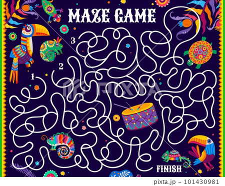 Labyrinth maze, cartoon Mexican, Brazilian animals, vector game worksheet. Tropical toucan bird, gecko or chameleon with turtle and flowers or Brazilian drums on kids labyrinth or escape puzzle quiz Labyrinth maze, cartoon Mexican, Brazilian animals, vector game worksheet. Tropical toucan bird, gecko or chameleon with turtle and flowers or Brazilian drums on kids labyrinth or escape puzzle quiz 101430981