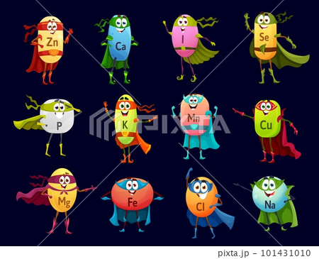 Cartoon minerals superhero and defender characters, micronutrient personages. Vector copper, selenium, manganese and calcium. Phosphorus, ferrum, iodine or natrium, chlorium, potassium, kalium or zinc 101431010