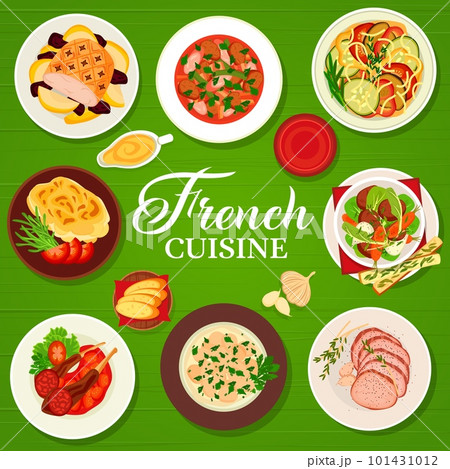 French cuisine restaurant food menu cover. Chicken fricassee, vegetable stew ratatouille and lamb cutlets, Dauphinois, beef stew Pot au Feu, lamb and ham stew, beef tenderloin, glazed roast pork 101431012