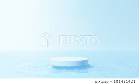 水面に浮かぶ白い円柱の台座。海のように広い空間。(横長) 水面に浮かぶ白い円柱の台座。海のように広い空間。(横長) 101431421
