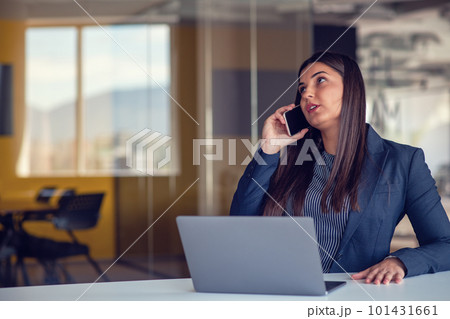 Serious businesswoman talking on mobile phone at office workplace, working at computer. Secretary answering telephone call. 101431661