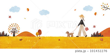 犬の散歩をする女性と秋の草原の風景水彩画 101432276