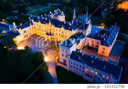 Evening aerial view on the medieval castle Lednice. South Moravian region. Evening aerial view on the medieval castle Lednice. South Moravian region. 101432790