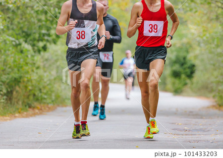 group male runners athletes running race in park road, autumn marathon, fallen yellow leaves on ground 101433203