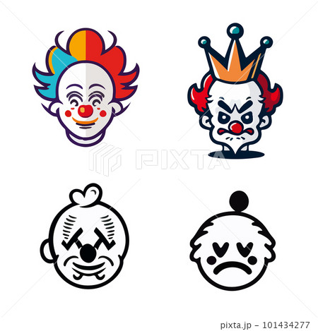 Drawing of colored and black and white clowns in the form of a sticker or logo. For your design Drawing of colored and black and white clowns in the form of a sticker or logo. For your design 101434277