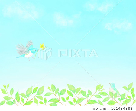 木の上で青い小鳥が花をプレゼントする様子の水彩イラスト。 101434382