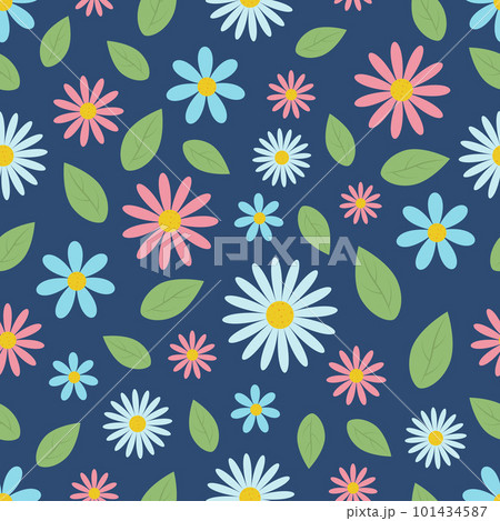Seamless pattern. A pattern depicting multicolored flowers and green leaves. Bright spring floral pattern on a blue background. Vector illustration 101434587