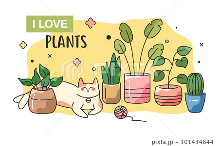 The cat sits surrounded by house plants in flower pots. Cute cartoon vector illustration on a yellow isolated background.  101434844