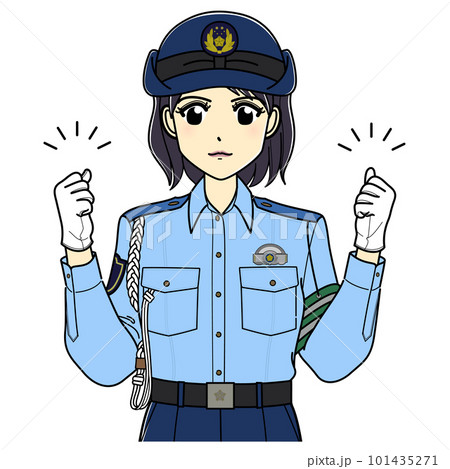 ガッツポーズする夏服の女性警察官（上半身） 101435271