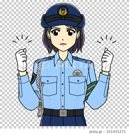 ガッツポーズする夏服の女性警察官（上半身） 101435271