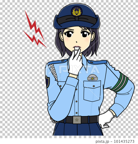 Female police officer in summer clothes blowing a horn (upper body) 101435273