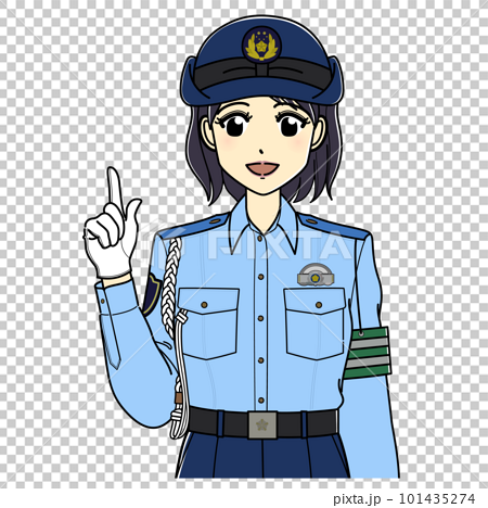 指差しして笑顔で話す夏服の女性警察官（上半身） 101435274