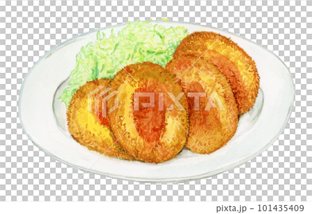 手描き水彩の皿に盛られたコロッケのイラスト 101435409