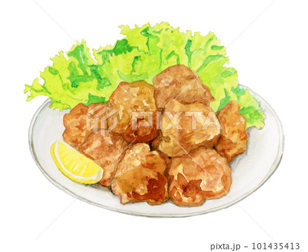 手描き水彩の美味しそうなからあげイラスト（皿盛り・食欲そそるフード素材） 101435413