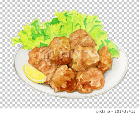 手描き水彩の美味しそうなからあげイラスト（皿盛り・食欲そそるフード素材） 101435413
