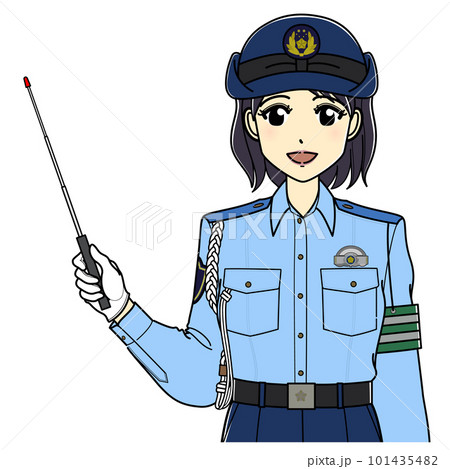 指示棒を持つ夏服の女性警察官（上半身・笑顔） 101435482