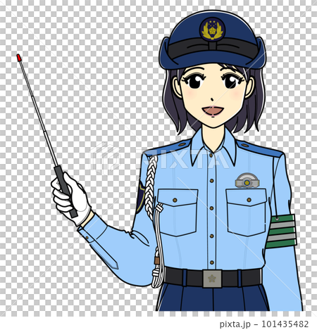 指示棒を持つ夏服の女性警察官（上半身・笑顔） 101435482