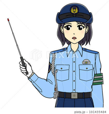 指示棒を持つ夏服の女性警察官（上半身・真面目） 101435484