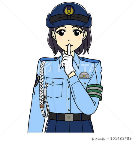 しーっのポーズをする夏服の女性警察官（上半身） 101435488