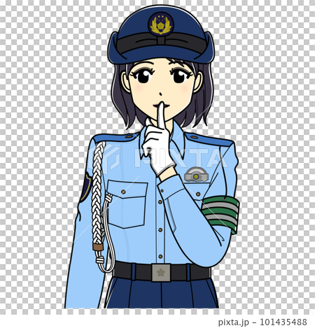 しーっのポーズをする夏服の女性警察官（上半身） 101435488