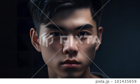 黒バックの中で真剣な表情のアジア人男性（Generative AI） 101435659