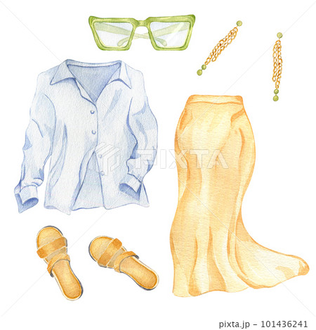 Set of woman's summer clothes watercolor illustration isolated on white. Woman's style outfit of shirt, skirt, sandals and sunglasses hand drawn. Design for shop, sale, magazine, packaging, showcase 101436241