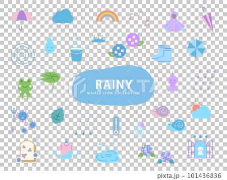 梅雨のシンプルなイラストアイコンセット / 白バック / 雨、紫陽花、水滴、6月、自然、植物、初夏 101436836
