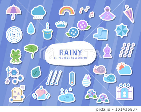 梅雨のシンプルなイラストアイコンセット / シール / 雨、紫陽花、水滴、6月、自然、植物、初夏 101436837