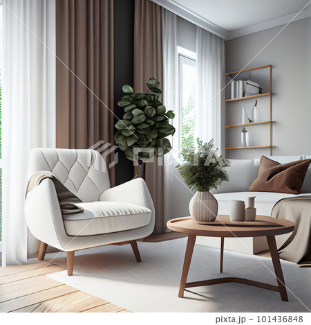 Modern stylish interior design with armchair sofa furniture in living room at home, lifestyle living room design, empty nobody, 3D render illustration by Generative AI 101436848