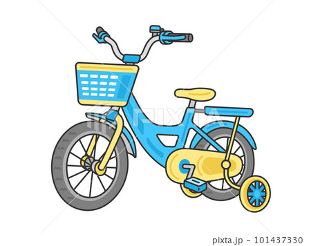 キッズ用の、補助輪付きの、水色の自転車のイラストのイラスト素材 