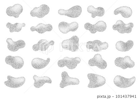 Abstract halftone shapes with fluid gradient dots. Liquid stipple grunge stains with gradation. Grainy random shading elements. Vector set 101437941