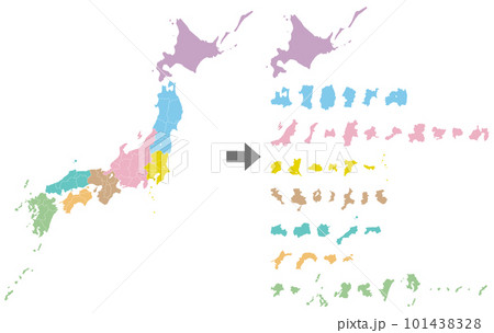 日本地図と分解して並べた都道府県 101438328